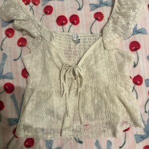 La Hearts Cream Lace Top with Tie Front